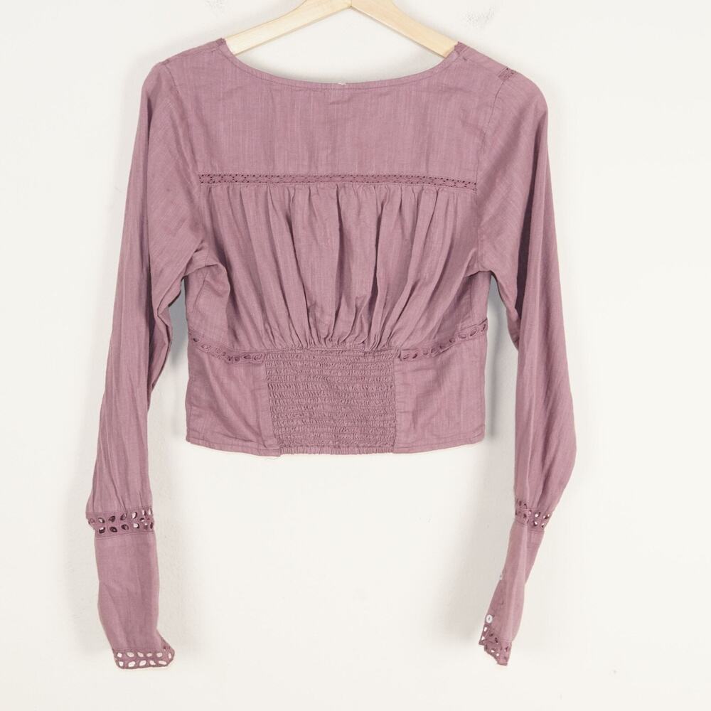 New Free People Joi Blouse Pink Roan Rouge Long Sleeve Crop Top Womens Sz XS - Picture 2 of 8
